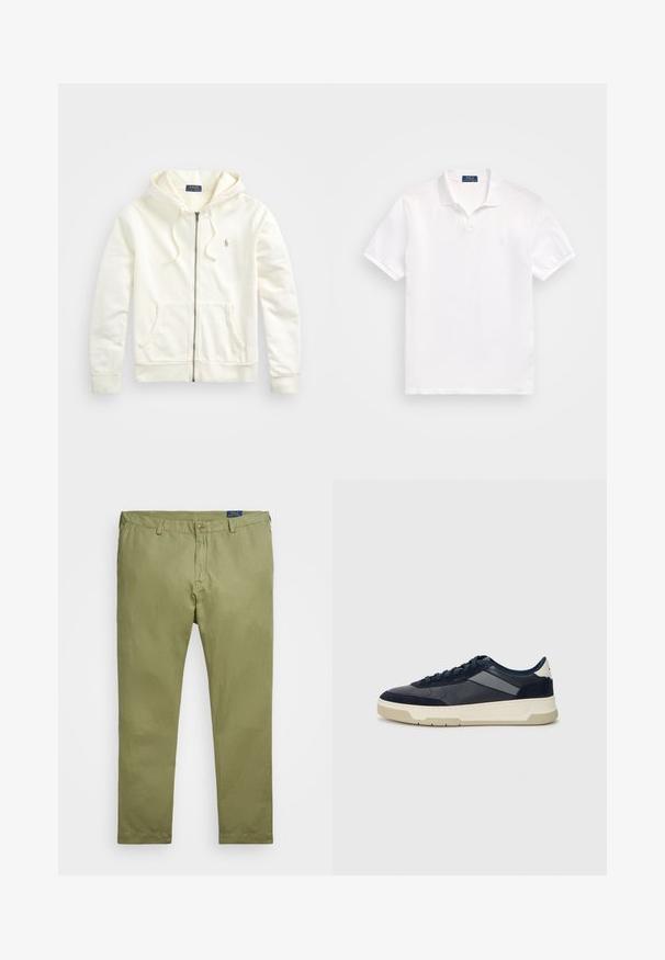 Fehér cipzáras kapucnis pulóver, zsinóros kapucnival, elülső zsebekkel, bordázott mandzsettákkal és egy kis hímezett logóval a bal oldalon. Puha pamut anyag.; Fehér pólóing, pamutból készült, két gombos gallérral, rövid ujjú, és diszkrét logóval a bal mellen. Sima tapintású.; Olíva zöld pamut chino nadrág, egyenes szabással, cipzáros záródással és egy elülső gombbal. Könnyű textúra és letisztult dizájn.; BOSS BALTIMORE - Sportcipő - open blue