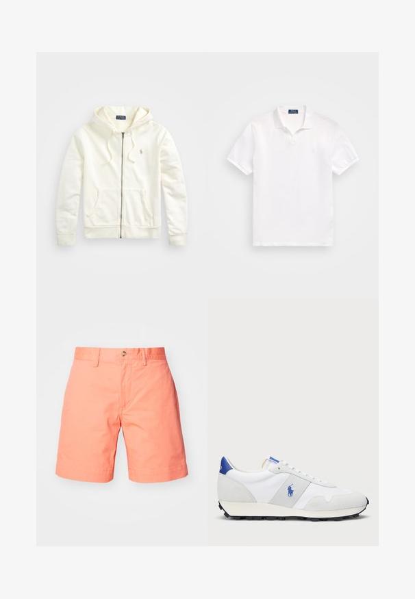 Bílá mikina na zip s kapucí na šňůrku, předními kapsami, žebrovanými manžetami a malým vyšívaným logem na levé straně. Měkká bavlněná látka.; Bílá polo košile vyrobená z bavlny, s dvoubotonovým zapínáním, krátkými rukávy a decentním logem na levém prsu. Hladká textura.; Krémové bavlněné šortky se rovně vystřiženým střihem, které mají jedno knoflíkové zavírání a ohrnuté manžety. Hladká textilie s čistým designem.; Bílé atletické tenisky se šedými semišovými akcenty, vrchní část z yesu, modrý pata a černá gumová podrážka. Disponují šněrováním a logem.