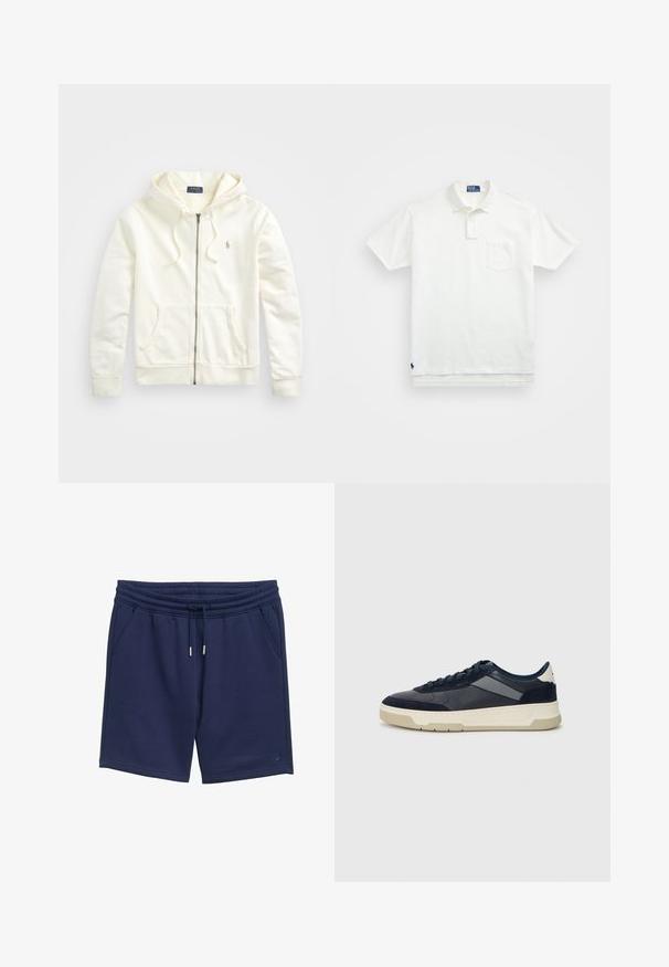 Valkoinen vetoketjuhuppari, jossa on kiristettävä huppu, etutaskut, ribbi-tumpit ja pieni brodeerattu logo vasemmalla puolella. Pehmeää puuvillakangasta.; Valkoinen puuvillapaita, jossa on klassinen kaulus, kolmen napin malli ja vasemmalla rintatasku; pieni logo helman kohdalla.; Tummansiniset shortsit, jotka on valmistettu pehmeästä kankaasta, varustettu joustavalla vyötärönauhalla ja nauhalla, sivutaskuilla ja yksinkertaisella logoyksityiskohdalla.; BOSS BALTIMORE - Matalavartiset tennarit - open blue