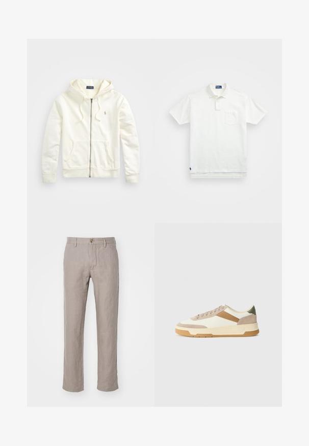 Sweat à zip blanc avec une capuche à cordon de serrage, des poches avant, des poignets côtelés et un petit logo brodé sur le côté gauche. Tissu en coton doux.; Polo shirt blanc en coton, avec un col classique, une patte de boutonnage à trois boutons et une poche sur la poitrine à gauche ; petit logo en bas.; NN.07 THEO - Pantalon classique - camel; Baskets en beige, crème et vert olive, dotées de matériaux en daim et cuir, d'un bout rond, d'un design minimaliste et d'une semelle en caoutchouc.