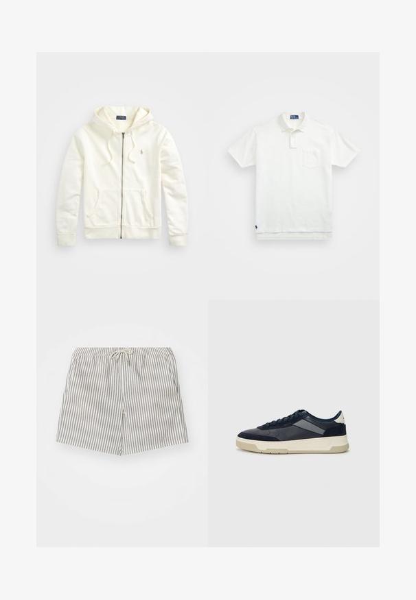 Hvit hettegenser med glidelås, snøring på hetten, frontlommer, ribbede cuffs og en liten brodert logo på venstre side. Myk bomullsstoff.; Hvit polo skjorte laget av bomull, med klassisk krage, tre-knapps ståkrage og lomme på venstre bryst; liten logo ved kanten.; Stripede svømmeshorts i lys beige og grå. Elastisk liv med snor, to sidelommer og middels lengde til lårene.; BOSS BALTIMORE - Joggesko - open blue