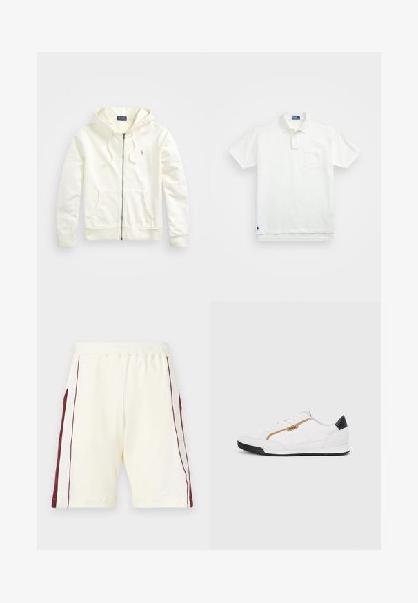 Valkoinen vetoketjuhuppari, jossa on kiristettävä huppu, etutaskut, ribbi-tumpit ja pieni brodeerattu logo vasemmalla puolella. Pehmeää puuvillakangasta.; Valkoinen puuvillapaita, jossa on klassinen kaulus, kolmen napin malli ja vasemmalla rintatasku; pieni logo helman kohdalla.; Vaaleat kerma väriset shortsit joustavalla vyötäröllä, joissa on viininpunaiset sivuviivat ja sileä pinta, lahkeet käännetty.; Valkoiset urheilukengät, joissa on verkkokudosta ja nahkaosia. Varustettu kultaisella "BOSS"-logolla, tekstuurillisilla sivupaneeleilla ja mustalla kantapäällä. Kumikanta.