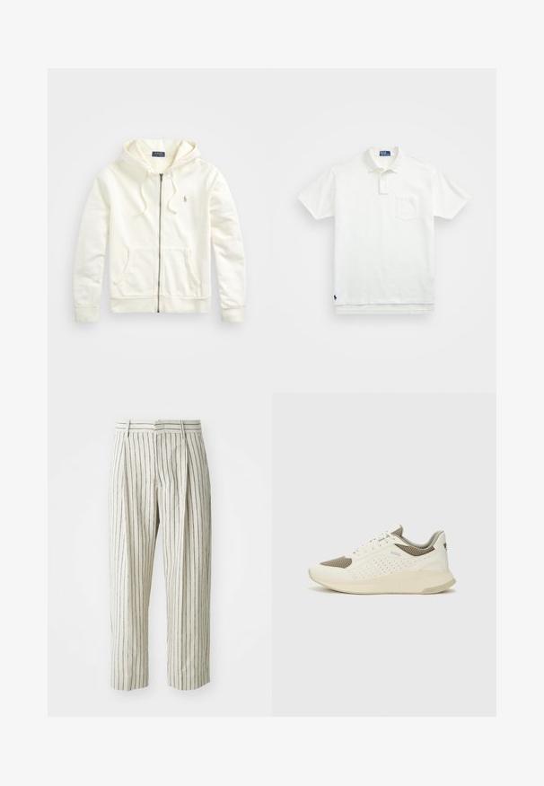 Vit zip-up hoodie med dragsko i huvan, framfickor, ribbade ärmmuddar och en liten broderad logotyp på vänster sida. Mjuk bomullstyg.; Vit polo skjorta i bomull med en klassisk krage, treknapps placket och en bröstficka på vänster sida; liten logga vid fållen.; Vita randiga byxor i lätt tyg, med en avslappnad passform, veck och midja med bälteshällor. Vertikala marinblå ränder.; Vit och ljusbeige atletisk sneaker med ett meshöverdrag, perforerade detaljer och en texturerad mellansula med varumärke på hälen.