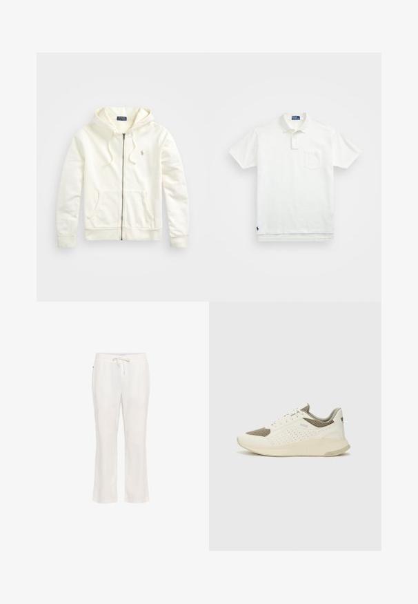Bílá mikina na zip s kapucí na šňůrku, předními kapsami, žebrovanými manžetami a malým vyšívaným logem na levé straně. Měkká bavlněná látka.; Bílá polo košile vyrobená z bavlny, s klasickým límcem, tříknoflíkovou légou a kapsičkou na levé straně hrudi; malá nášivka na lemu.; Lehké, bílé lněné kalhoty s elastickým pasem a stahovací šňůrkou. Design s rovnými nohavicemi a hladkou texturou bez výrazných vzorů.; Bílé a světle béžové atletické tenisky, které mají síťovaný svršek, perforované detaily a texturovanou mezipodešev s logem na patě.