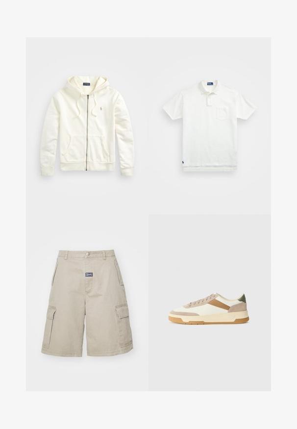Weißer Zip-Hoodie mit einer Kordelzugkapuze, Fronttaschen, gerippten Bündchen und einem kleinen gestickten Logo auf der linken Seite. Aus weichem Baumwollstoff gefertigt.; Weißes Poloshirt aus Baumwolle, mit klassischem Kragen, Drei-Knopf-Leiste und einer linken Brusttasche; kleines Logo am Saum.; MISBHV PERFECT - Shorts - beige; Sneaker in Beige, Creme und Olivgrün, aus Wildleder und Leder, mit runder Zehenpartie, minimalistischem Design und Gummisohle.