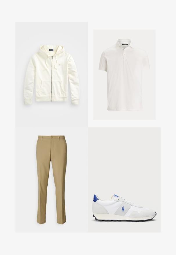 Biela zipsová mikina s kapucňou na šnúrku, predné vrecká, rebrované manžety a malá vyšitá logo na ľavej strane. Mäkká bavlnená tkanina.; Biely polo tričko s krátkym rukávom, golierom a zapínaním na dve gombíky, vystavené na jednoduchom svetlom pozadí.; Khaaki nohavice z hladkej tkaniny, s klasickým dizajnom, rovnými nohavicami, zapínaním na gombík a dvomi bočnými vreckami.; Biele atletické tenisky s šedými semišovými akcentmi, sieťovinovou vrchnou časťou, modrým pútkom na podpätku a čiernou gumovou podrážkou. Obsahujú šnurovací systém a logo.