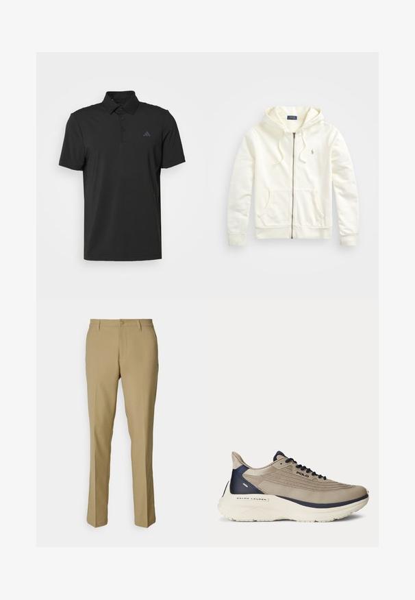 Bela zip-up kapuca z vrvico, sprednji žepi, rebrasti manšeti in majhnim vezenim logotipom na levi strani. Mehka bombažna tkanina.; Črna polo majica iz gladkega materiala z ovratnikom na gumbke. Ima diskreten logotip na levi strani prsnega koša in kratke rokave.; Kaki hlače iz gladkega blaga, ki se ponašajo s klasičnim dizajnom, ravnimi nogami, gumbnim zapiranjem in dvema stranskima žepoma.; Bežna atletska obutev z zgornjim delom iz teksturirane mrežice, mornarsko modrimi detajli, debelim belim podplatom in zapletenimi oblikovalskimi podrobnostmi. Ima vezalke in logotip.