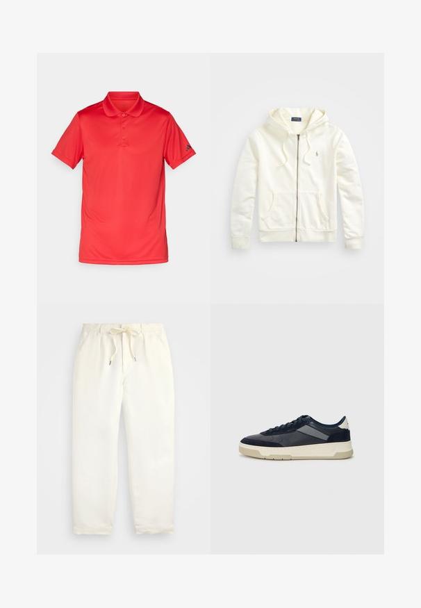 Baltas užtrauktuku užsegamas džemperis su reguliuojama kapišonu, priekinėmis kišenėmis, elastingomis rankovėmis ir mažuoju siuvinėtu logotipu kairėje pusėje. Minkšta medvilninė medžiaga.; Raudona trumpa rankovė polo marškinėliai su trimis mygtukais ir apykakle, su mažuoju juodu logotipu kairėje rankovėje, pateikti ant balto fono.; Šviesiai kreminės spalvos, laisvalaikio kelnės iš minkštos medžiagos. Turi elastinį juosmenį su raišteliais ir siaurėjantį kojų dizainą.; BOSS BALTIMORE - Sportbačiai - open blue