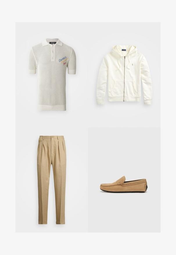 Fehér cipzáras kapucnis pulóver, zsinóros kapucnival, elülső zsebekkel, bordázott mandzsettákkal és egy kis hímezett logóval a bal oldalon. Puha pamut anyag.; Tejbevonatú, krém színű pólóing rövid ujjakkal, bordás gallérral, három gombos gombolással és színes hímzett részletekkel.; Beige vászon nadrág egyenes szabással, két első redővel, gombos záródással és oldalzsebekkel. Tömör textúrájú anyag sima felülettel.; Beige színű nubuk mokaszin cipő, varrott orral, slip-on kialakítással és fekete gumitalppal. Diszkrét logó található az oldalon.