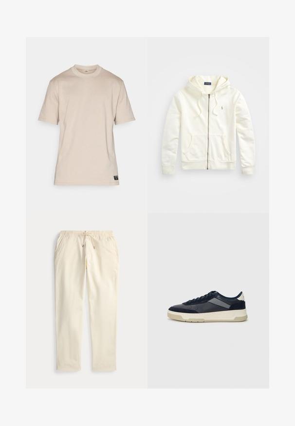 Hvit hettegenser med glidelås, snøring på hetten, frontlommer, ribbede cuffs og en liten brodert logo på venstre side. Myk bomullsstoff.; Beige bomulls t-skjorte med korte ermer og rund hals, med en liten svart etikettdetalj ved sømmen. Jevn tekstur, normal passform, minimalistisk design.; Kremfargede rettbente bukser med elastisk liv og snor, med lommer foran, lagt flatt på en hvit bakgrunn.; BOSS BALTIMORE - Joggesko - open blue