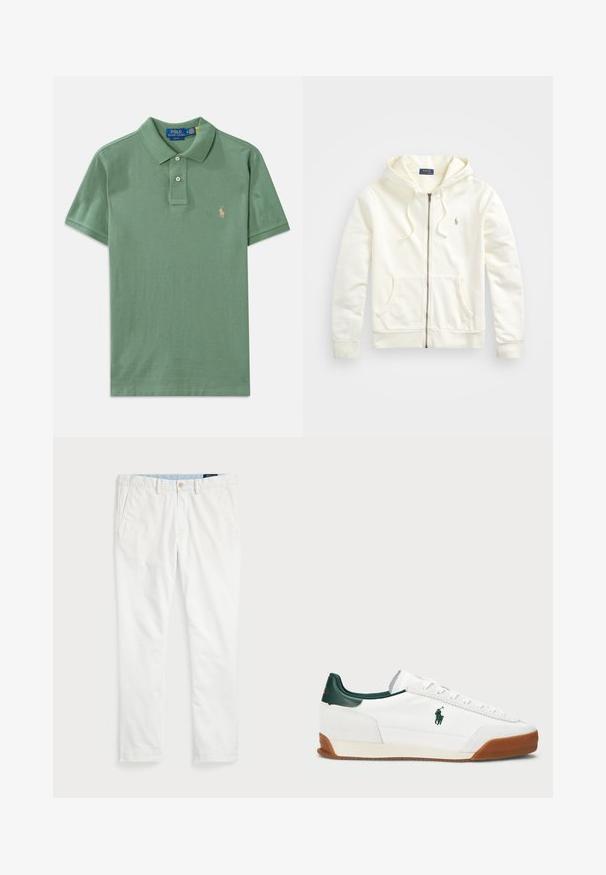 Balts zip-up džemperis ar kapuci ar aukliņu, priekšējām kabatām, ribotiem piedurkņu galiem un mazu izšūtu logotipu kreisajā pusē. Mīksts kokvilnas audums.; Gaiši zaļš kokvilnas polo krekls ar apkakli, trīs pogu slēgšanu, īsām piedurknēm un mazu izšūtu logo uz krūšu daļas.; Baltās kokvilnas chinos bikses ar gludu priekšu, jostu cilpām, divām sānu kabatām un vienu aizmugures kabatu. Gluda tekstūra ar taisnu kāju.; Baltas sporta apavi ar zaļiem ādas akcentiem un brūnu gumijas zoli. Iezīmēts ar auduma virsmu un izteiktu logotipu sānos. Ar auklām.