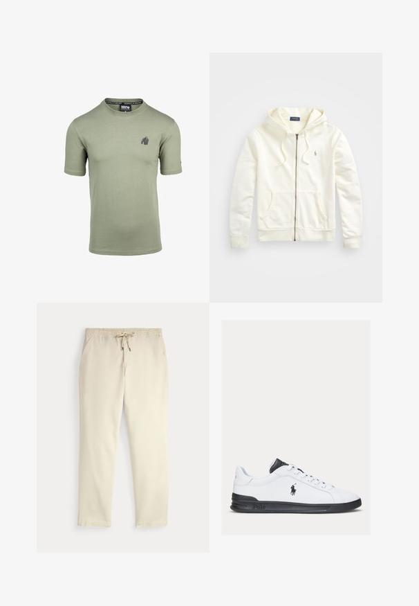 Baltas užtrauktuku užsegamas džemperis su reguliuojama kapišonu, priekinėmis kišenėmis, elastingomis rankovėmis ir mažuoju siuvinėtu logotipu kairėje pusėje. Minkšta medvilninė medžiaga.; Alyvuogių žalios spalvos trumpomis rankovėmis marškinėliai, pagaminti iš minkštos medvilnės, su subtiliu tamsiai pilku gorilos logotipu kairėje krūtinės pusėje. Apvalus kaklas.; Oficialiai balti kasdieniniai kelnės su elastiniu juosmeniu ir raišteliu, tiesiomis kojomis ir šoninėmis kišenėmis prieš paprastą foną.; Baltos odinės sportinės bateliai su juodais akcentais ir logo. Turi apvalų nosį, šnervių užsegimą ir tekstūruotą juodą padą.