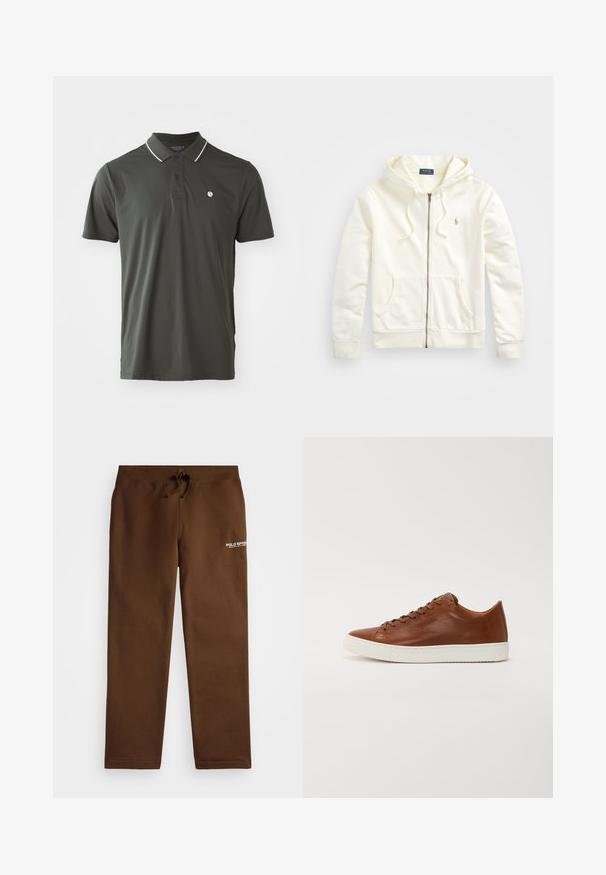 Fehér cipzáras kapucnis pulóver, zsinóros kapucnival, elülső zsebekkel, bordázott mandzsettákkal és egy kis hímezett logóval a bal oldalon. Puha pamut anyag.; Sötétzöld pólóing sima anyagból, gallérral, három gombbal és fehér díszítéssel a gallér mentén. Kicsi logó a mellkasán.; Barna melegítőnadrág, rugalmas derékpánttal, hozzáfűzhető zsinórral és fehér hímzett "POLO SPORT" logóval a bal oldalon.; Barna bőr sneaker, lekerekített orral, fehér gumitalppal és letisztult vonalakkal. Fűzős záródás jellemzi, az oldalon diszkrét logóval.