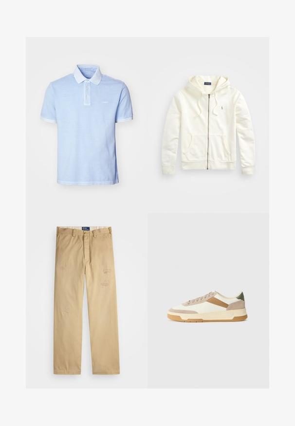 Fehér cipzáras kapucnis pulóver, zsinóros kapucnival, elülső zsebekkel, bordázott mandzsettákkal és egy kis hímezett logóval a bal oldalon. Puha pamut anyag.; Világoskék pólóing, puha pamutból készült. Három gombos kivágással, gallérral és kontrasztos mandzsettával rendelkezik. Diszkrét márkalogó a mellkason.; Beige színű pamut nadrág egyenes szabással. Elöl koptatott foltokkal és hímzett részletekkel rendelkezik. Klasszikus gombos és cipzáros záródás.; Beige, krémszínű és olívazöld sportcipők, velúr és bőr anyagból, kerek orral, minimalista dizájnnal és gumitalppal.