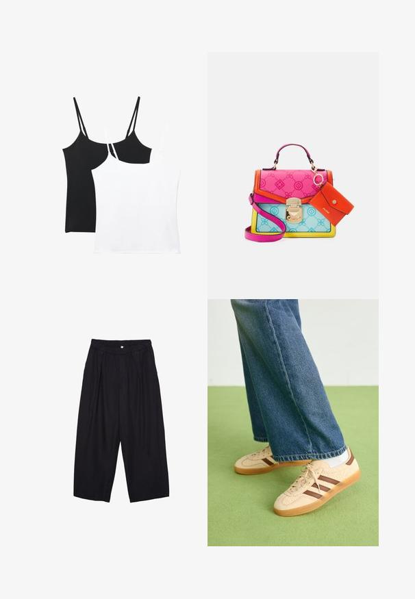 Jemný růžový textil s hladkým povrchem a jemným tkaním, vykazující subtilní odstíny a křehký, teplý vzhled.; Dvě tílka v černé a bílé barvě; každé má tenké nastavitelné ramínka, hladkou texturu a jednoduchý, rovný střih.; Černé polyesterové culotte kalhoty s elastickým pasem, dvěma předními sklady a volným siluetou. Žádné viditelné vzory ani kovové detaily.; Beige tenisky s texturovanými krémovými panely a hnědými pruhy, kombinované s modrými džínovými kalhotami. Džínsy mají široké nohavice a roztrhaný lem.; Duha kabelka s panely v růžové, modré a žluté barvě, s pozlacenými detaily a odnímatelným oranžovým pouzdrem na karty. Texturovaný povrch.