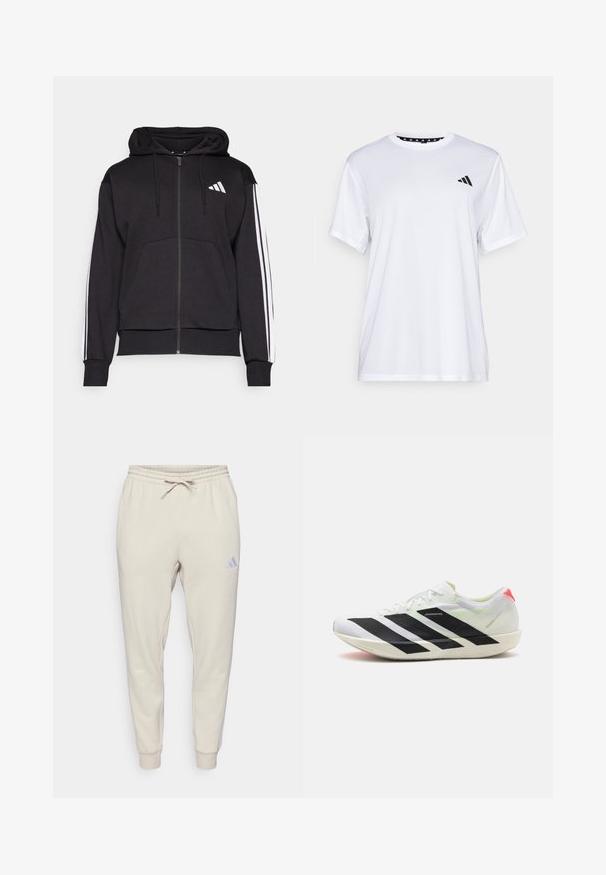 Haut de sweat à capuche zippé noir avec capuche à cordon, poches avant et rayures blanches le long des manches. Logo Adidas sur la zone de la poitrine gauche.; T-shirt de sport blanc à manches courtes, fabriqué en tissu évacuant l'humidité. Présente un logo noir sur la poitrine gauche et un col intérieur à motifs.; Pantalons de jogging beiges avec taille élastique, cordon de serrage, chevilles tapered, et petit logo sur la cuisse droite, sur fond blanc uni.; Chaussure de sport blanche avec des rayures diagonales noires, en matière en maille légère, accents verts et contrefort rouge ; présente un design élégant et allongé.