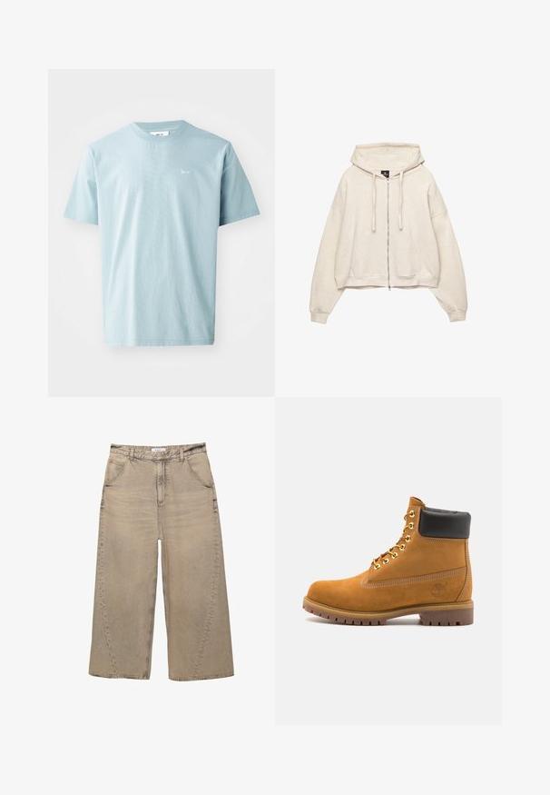 Haut à capuche crème à fermeture éclair, avec un cordon de serrage, coupe oversize et poche kangourou avant. Fabriqué en tissu doux et texturé.; T-shirt en coton bleu clair avec des manches courtes, col rond et petit logo blanc sur le devant. Texture lisse, design décontracté.; PULL&BEAR MEGA BAGGY - Jean baggy - light grey; Bottine en daim beige avec un col rembourré noir, œillets en métal doré, détails de surpiqûres blanches et semelle en caoutchouc robuste avec des crampons prononcés.
