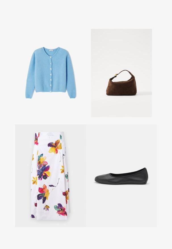 American Vintage VITO - Gilet - atmosphere chine; Chemise blanche à manches longues avec col, en coton. Présente un devant à boutons et une poche poitrine unique. Texture lisse, coupe décontractée.; Jupe fleurie blanche avec des motifs de fleurs aquarelle colorés en violet, jaune et rouge ; design plissé avec des détails de fermeture sur le côté.; Ballerines en cuir noir avec un bout rond, texture lisse, détails de couture minimalistes et design de semelle flexible.; Sac à main en suède marron avec une forme courbée, une courte poignée et des accents en métal doré. Texture lisse et design minimaliste.
