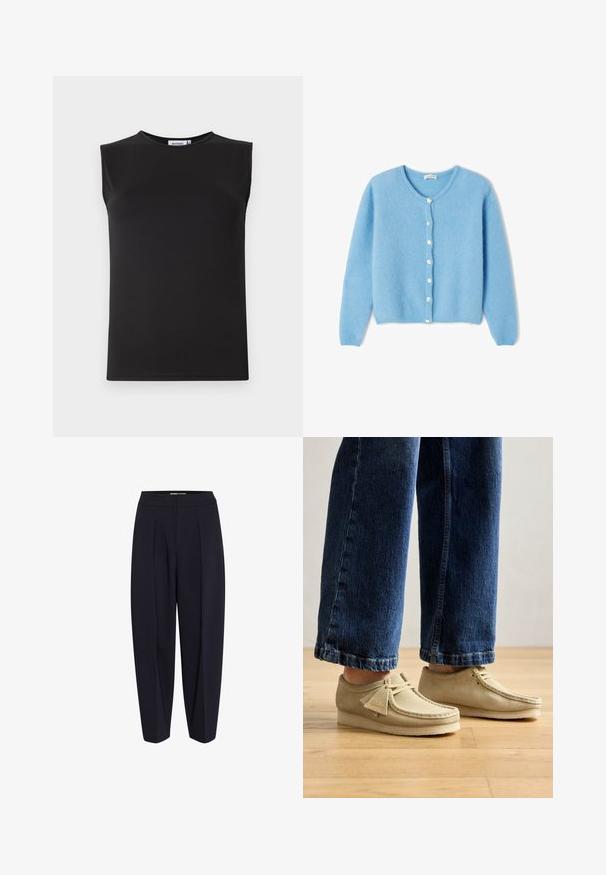 American Vintage VITO - Jopica - atmosphere chine; Črn brezrokavnik iz gladkega, raztegljivega materiala. Ima okroglo izreznico in prilegan silhueto. Brez vidnih vzorcev ali okrasnih detajlov.; Morske hlače z visokim pasom, ki imajo sprednje nabore in obliko zoženih nog. Narejene so iz gladkega blaga brez vidnih dodatkov ali vzorcev.; Bež semiš čevlji s zaobljenimi prsti in nizkim profilom. Imajo vezalni dizajn ter šivane detajle. Nosijo se z skrajšanimi modrimi džinsami.