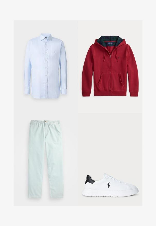 Piros cipzáras kapucnis pulóver elülső zsebbel, kapucnija belül zöld-kék kockás anyaggal bélelt. Logó a bal mellrészen. Puha anyagtextúra.; Világoskék, hosszú ujjú ing, gombos gallérral, elől gombokkal és egy kis logóval a bal mellen. Simás tapintású, pamut anyagból készült.; Világoskék, laza szabású nadrág, elasztikus derékpánttal, oldalsó zsebekkel és egy gombos záródással elöl.; Fehér alacsony szárú sportcipő fekete saroktabbal és fekete Polo Ralph Lauren logóval az oldalon, fehér fűzőkkel és vastag gumitalppal.
