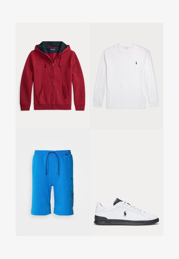 Roter Kapuzenpullover mit Reißverschluss und einer Fronttasche, mit einer Kapuze, die mit grünem und blauem Karo-Stoff gefüttert ist. Logo auf der linken Brustseite. Weiche Stoffstruktur.; Weißes Langarm-T-Shirt aus Baumwolle. Mit Rundhalsausschnitt, gerippten Bündchen und kleinem, dunkelblauem Polo-Logo auf der linken Brust.; BOSS HARIQ - Jogginghose - open blue; Weißer Ledersneaker mit schwarzen Akzenten, ausgestattet mit einem Schnürdesign, Gummisohle und einem Logo an der Seite. Insgesamt glatte Textur.