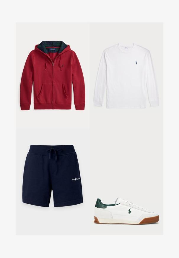 Raudonas su užtrauktuku megztinis su gobtuvu, priekyje kišenė, gobtuvas su pamušalu žaliai mėlynos languotos medžiagos. Logotipas kairėje krūtinės pusėje. Minkštos medžiagos faktūra.; Balta ilgomis rankovėmis marškinėliai iš medvilnės. Gali būti apvalios formos kaklas, raukšlės ant rankovių, ir nedidelis tamsiai mėlynas polo logotipas kairėje krūtinės pusėje.; Tamsiai mėlynos medvilninės šortai su elastinga juostele, raišteliu, šoninėmis kišenėmis ir išsiuvinėtu logotipu kairiajame šone. Lygus paviršius.; Baltos sportbačiai su žaliais odiniais akcentais ir šviesiai ruda guma. Turi audinio kūną ir išsiskiriančią logotipą šone. Su raišteliais.