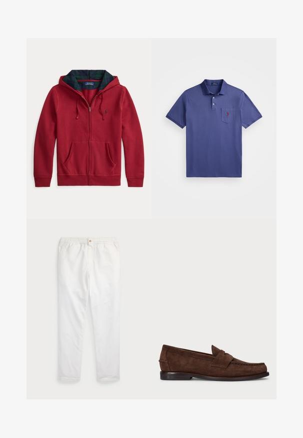 Červená mikina na zip s předním kapsou, s kapucí vyloženou zelenou a modrou kostkovanou látkou. Logo na levé straně hrudi. Měkká textilie.; Fialové polo tričko vyrobené z bavlny, s tříknoflíkovou légou, krátkými rukávy a náprsní kapsou s vyšitým červeným logem.; Bílé bavlněné kalhoty s elastickým pasem a jedním zlatým knoflíkem, rovný design nohavic, hladká textura a žádné viditelné vzory.; Hnědé semišové mokasíny s hladkou texturou, šitím ve stylu mokasín, nízkým podpatkem a ozdobným páskem přes přední část.