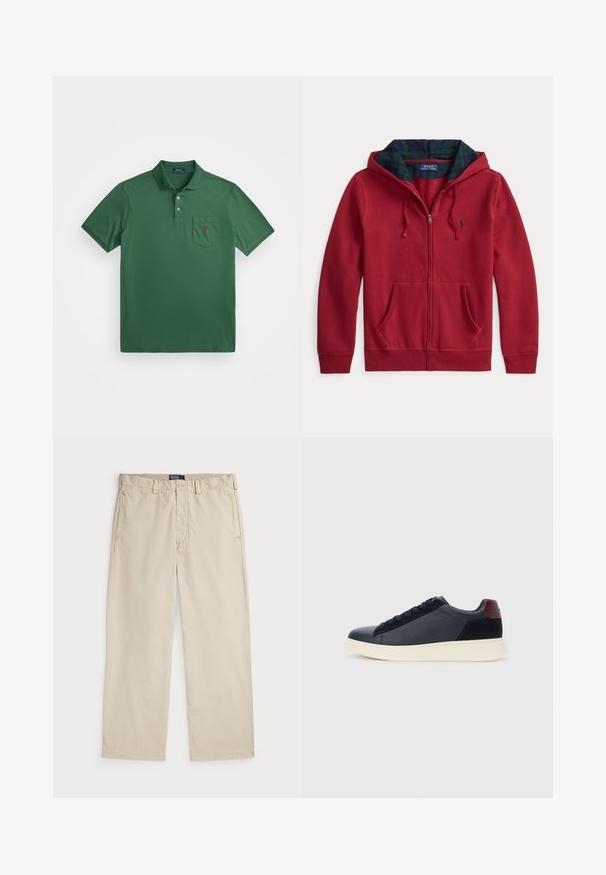 Rød hettegenser med glidelås og lomme foran, med hette foret med grønt og blått rutete stoff. Logo på venstre brystområde. Myk stofftekstur.; Grønn polo skjorte laget av bomullsblanding, med krage, tre-knappers placket og en brystlomme med en liten rød logo.; Beige bomullschinos med rett ben-design, med knappelukking og to frontlommer. Glatt tekstur og ensfarget.; Lave herresko i sort læder og ruskind med maroon hælflap og hvid gummisål, set fra ydersiden.