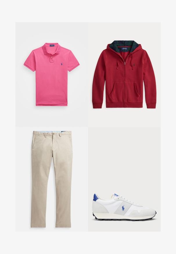 Rød hettegenser med glidelås og lomme foran, med hette foret med grønt og blått rutete stoff. Logo på venstre brystområde. Myk stofftekstur.; Rosa polo skjorte laget av bomull, kort ermer, krage, to-knapps placket. Har en brodert blå logo på venstre bryst.; Beige chinos laget av bomull med en glatt tekstur, med sidelommer og baklommer, knappelukking og rett ben-design.; Hvit trening sneaker med grå semsket skinn-accents, mesh-overdel, blå hælflik og svart gummi såle. Har snøring og logo.