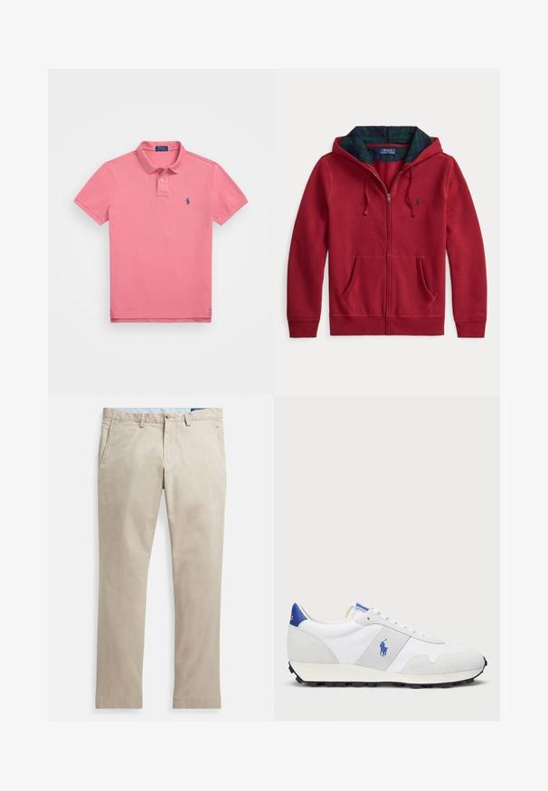 Červená mikina na zip s předním kapsou, s kapucí vyloženou zelenou a modrou kostkovanou látkou. Logo na levé straně hrudi. Měkká textilie.; Polo Ralph Lauren THE ICONIC MESH POLO SHIRT - Polotričko - adirondack berry; Béžové bavlněné chinosky s hladkou texturou, vybavené postranními a zadními kapsami, zapínáním na knoflíky a rovnými nohavicemi.; Bílé atletické tenisky se šedými semišovými akcenty, vrchní část z yesu, modrý pata a černá gumová podrážka. Disponují šněrováním a logem.