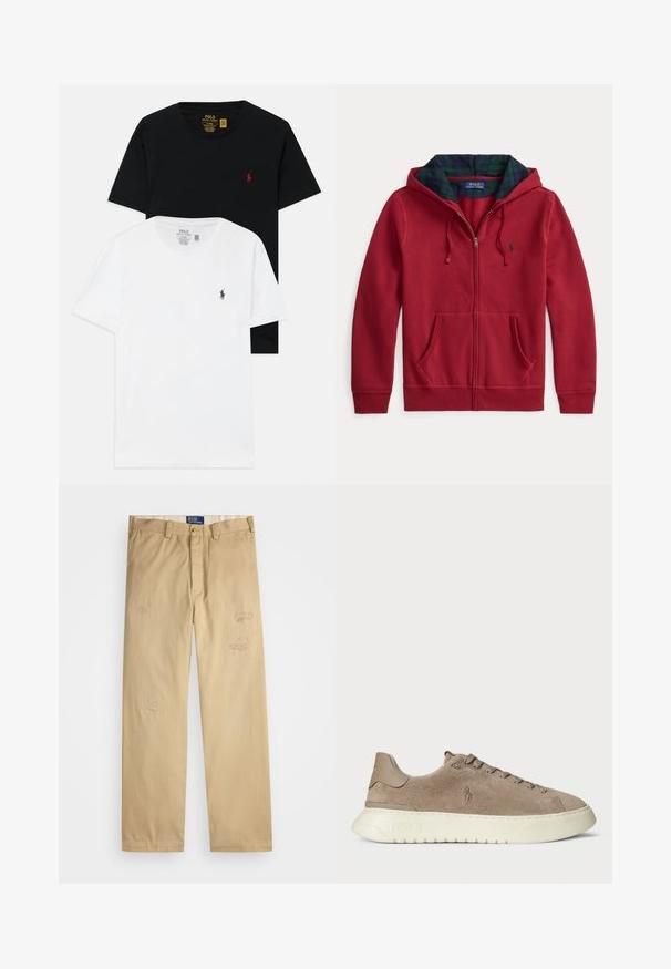 Hanorac roșu cu fermoar și buzunar frontal, având o glugă căptușită cu material în carouri verde și albastru. Logo pe partea stângă a pieptului. Textură moale a materialului.; Două tricouri cu guler rotund: unul negru și unul alb, ambele din bumbac, au pe piept logo-uri brodate mici în culori contrastante.; Pantaloni din bumbac bej, cu croi drept. Prezintă petice uzate și detalii brodate pe partea din față. Închidere clasică cu buton și fermoar.; Tenisi din suede în nuanță taupe, cu o talpă din cauciuc albă. Caracteristici includ probele de șiret la față și un logo embosat pe lateral și pe călcâi.