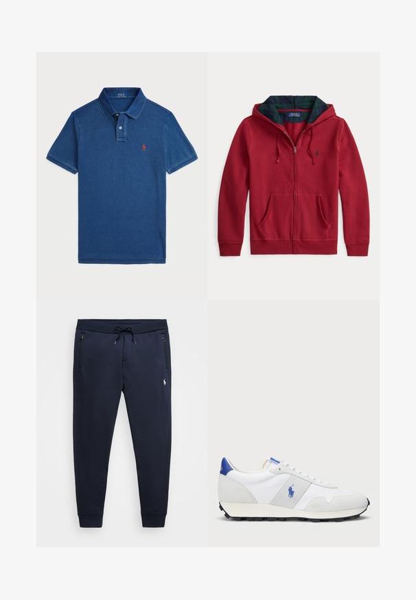 Červená mikina na zip s předním kapsou, s kapucí vyloženou zelenou a modrou kostkovanou látkou. Logo na levé straně hrudi. Měkká textilie.; Modrá polo košile z měkké bavlny, s klasickým límcem, dvouknoflíkovým zapínáním a malým červeným vyšívaným logem na hrudi.; Námořnické joggingové kalhoty vyrobené z měkké směsi bavlny, s nastavitelným pasem, zapínacími kapsami a malým logem na levém stehně.; Bílé atletické tenisky se šedými semišovými akcenty, vrchní část z yesu, modrý pata a černá gumová podrážka. Disponují šněrováním a logem.