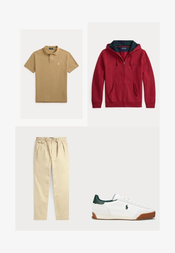 Červená mikina na zips s predným vreckom, kapucňa s podšívkou zo zeleno-modrej károvanej látky. Logo na ľavej strane hrudníka. Mäkká textúra látky.; Béžové polo tričko z bavlny s klasickým golierom, krátkymi rukávmi, zapínaním na dva gombíky a bielym vyšívaným logom na hrudi.; Béžové bavlnené nohavice s voľným strihom, s plisovaným predným dielom, dvoma bočnými vreckami a zapínaním na gombík. Hladká textúra látky.; Biele tenisky s zelenými koženými akcentmi a hnedou gumovou podrážkou. S tkaninovým telom a výrazným logom na boku. Šnurovanie.