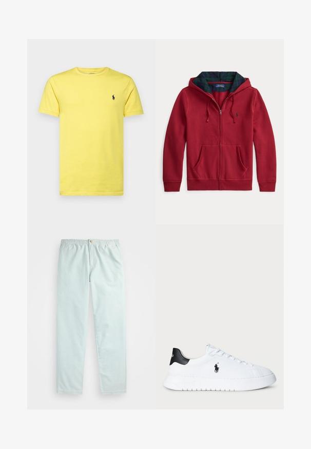 Sarkans džemperis ar rāvējslēdzēju un priekšējo kabatu, kapuce lined ar zaļu un zilu pleda audumu. Uz kreisās krūšu puses ir logotips. Mīksta auduma tekstūra.; Dzeltena kokvilnas T-krekls ar īsām piedurknēm, apaļu kaklu un violetu izšūtu logo kreisajā krūtīs. Gluda tekstūra, brīva piegriezuma.; Gaiši zili, brīvi pieguļoši bikses ar elastīgu jostasvietu, ar sānu kabatām un vienu pogu aizdare priekšā.; Baltas zems sports apavi ar melnu papēdi un melnu Polo Ralph Lauren logotipu sānos, ar baltām auklām un biezu gumijas zoli.