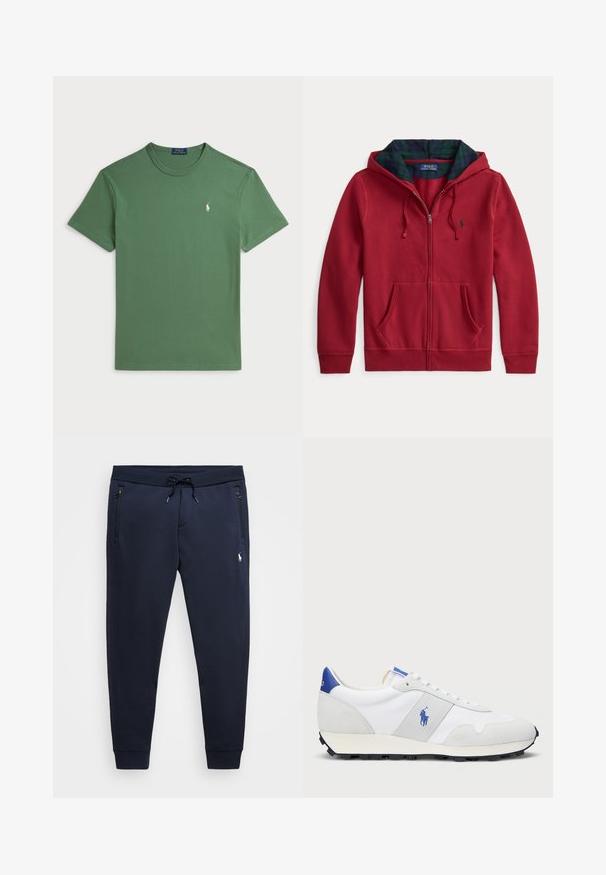 Felpa rossa con zip, tasca frontale e cappuccio foderato in tessuto a quadri verdi e blu. Logo sul petto a sinistra. Tessuto morbido al tatto.; T-shirt in cotone verde con scollo rotondo e maniche corte. Presenta un piccolo logo ricamato in bianco sul lato sinistro del petto.; Pantaloni jogger blu navy realizzati in morbido cotone misto, dotati di vita regolabile, tasche con zip e un piccolo logo sulla coscia sinistra.; Sneaker atletico bianco con accenti in suede grigio, parte superiore in mesh, linguetta blu sul tallone e suola in gomma nera. Presenta una chiusura con lacci e un logo.