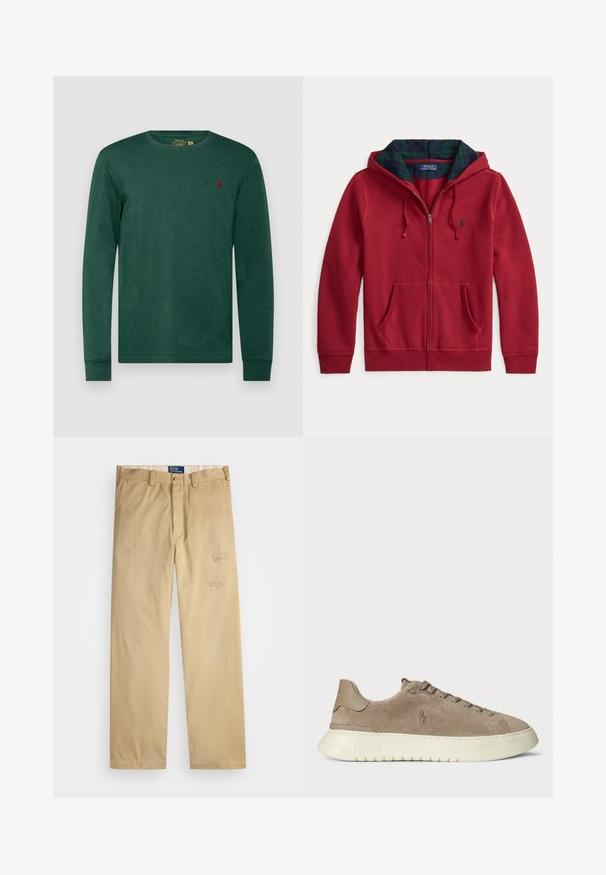 Red zip-up hoodie with a front pocket, featuring a hood lined in green and blue plaid fabric. Logo on the left chest area. Soft fabric texture.; Polo Ralph Lauren CUSTOM SLIM JERSEY LONG-SLEEVE T-SHIRT - Long sleeved top - scotch pine heather; Beige cotton pants with a straight cut. Features distressed patches and embroidery details on the front. Classic button and zipper closure.; Suede sneakers in taupe with a white rubber sole. Features include lace-up front and a logo embossed on the side and heel.