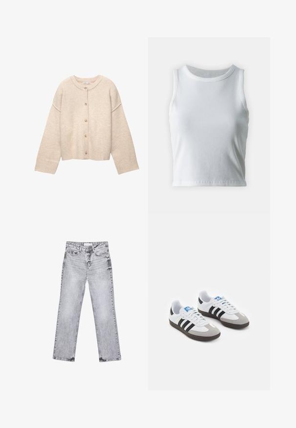 Bež pleten pulover z okroglim izrezom, osrednjim zapenjanjem na gumbe in rebrastimi manšetami. Mehka tekstura in ohlapen kroj s padajočimi rameni.; Bela rebrasta majica brez rokavov z okroglo izrezom, s pravo hem in gladko, elastično strukturo.; Sive traperice z ravnim krojem, z obdelanimi detajli, petimi žepi in bakrenimi zakovicami. Pas ima oznako z logotipom.; Športni čevlji z belim usnjenim zgornjim delom, sivim semišem na prstih in tremi črnimi črtami. Imajo modro logo na jeziku in teksturiran gumijast podplat.