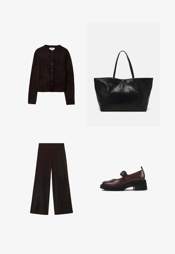 Tmavohnedý kardigán s okrúhlym výstrihom, zapínaním na gombíky a dlhými rukávmi. Vyrobený z mäkkej pleteniny, s hladkou textúrou.; Námornícka modrá saténová košeľa s dlhým rukávom, golierom, prednými gombíkmi a bočnými vreckami. Hladká textúra a prispôsobený strih.; Čierne široké nohavice vyrobené z mäkkého materiálu, s vysokým pásom a hladkým povrchom s čistými líniami a bez viditeľného zapínania.; Bordová kožená topánka Mary Jane so štvorcovou prackou, okrúhlym špičkou a masívnym čiernym podpätkom so vzorom dezénu.; Čierna tkaná taška s dvoma pevnými uchami, s lesklým povrchom a priestranným otvoreným dizajnom vrchnej časti.