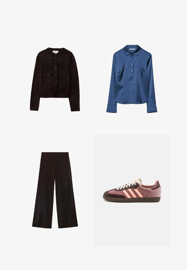 Tamno smeđi kardigan s okruglim izrezom, zatvaranjem na dugmad i dugim rukavima. Izrađen od mekog pletenog materijala, s glatkom teksturom.; Majica dugih rukava od tamnoplave satenske tkanine s kragnom, prednjim gumbima i bočnim džepovima. Glatka tekstura i kroj koji prati liniju tijela.; Crne široke hlače napravljene od mekog materijala, s visokim strukom i glatkom teksturom, s čistim linijama i bez vidljivih kopčanja.; Suede tenisice u tamnosmeđoj i svijetloružičastoj boji s tri ružičaste pruge i slonovačastim vezicama. Dizajnirane s smeškom gumenim đonom i podstavljenim ovratnikom.