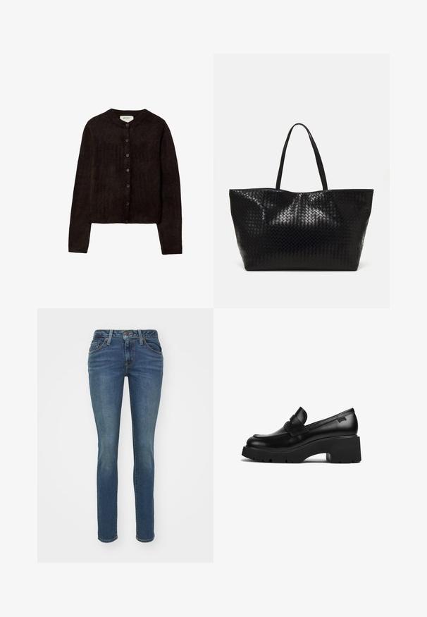 Temno rjav cardigan z okroglim vratnim izrezom, gumbi in dolgimi rokavi. Narejen iz mehke pletene tkanine, ki ima gladko teksturo.; Svetlo modra satenska srajca z dolgimi rokavi, ovratnikom, sprednjimi gumbi in stranskimi žepi. Gladka tekstura in krojen fit.; Modre skinny jeans iz denima s petimi žepi, vidnimi šivi in zadrgo. Imajo nekoliko zbledel videz za dodatno podrobnost.; Črne usnjene molerke s debelim petom in širokim podplatom ter trakom čez zgornji del, prikazane s strani na beli podlagi.; Črna tkanina torba s trdnimi ročaji, ki ima sijočo teksturo in prostoren odprt zgornji dizajn.