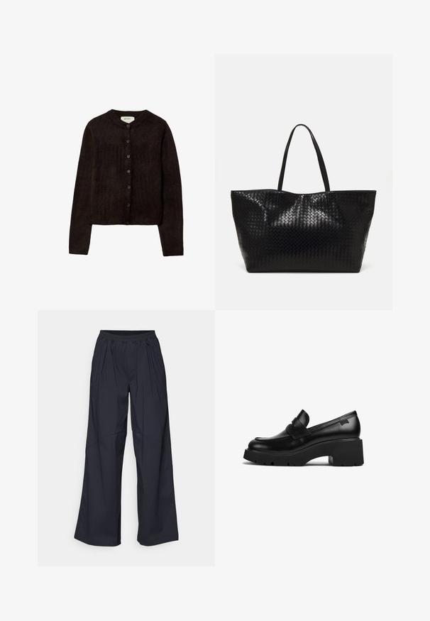 Tummanoranssi neuletakki, jossa on pyöreä pääntie, nappikiinnitys ja pitkät hihat. Valmistettu pehmeästä neulemateriaalista, joka omaa sileän pinnan.; Tummansininen satiininen pitkähihainen paita, jossa on kaulus, etunapit ja sivutaskut. Suunnikas tekstuuri ja istuva malli.; Lepakot leveät housut tummansinisestä, teksturoidusta kankaasta. Varustettu joustavalla vyötärölinjalla, joka sisältää laskoksia ja kontrastivärisiä sauma yksityiskohtia.; Musta nahkakengät, joissa on paksut korot ja paksu pohja, sekä nauhaysitys päällä, esitetty sivuprofiilista valkoista taustaa vasten.; Musta kudottu kassi, jossa on kaksi vankkaa kahvaa, näyttävästi kiiltävä rakenne ja tilava avoin yläosa.