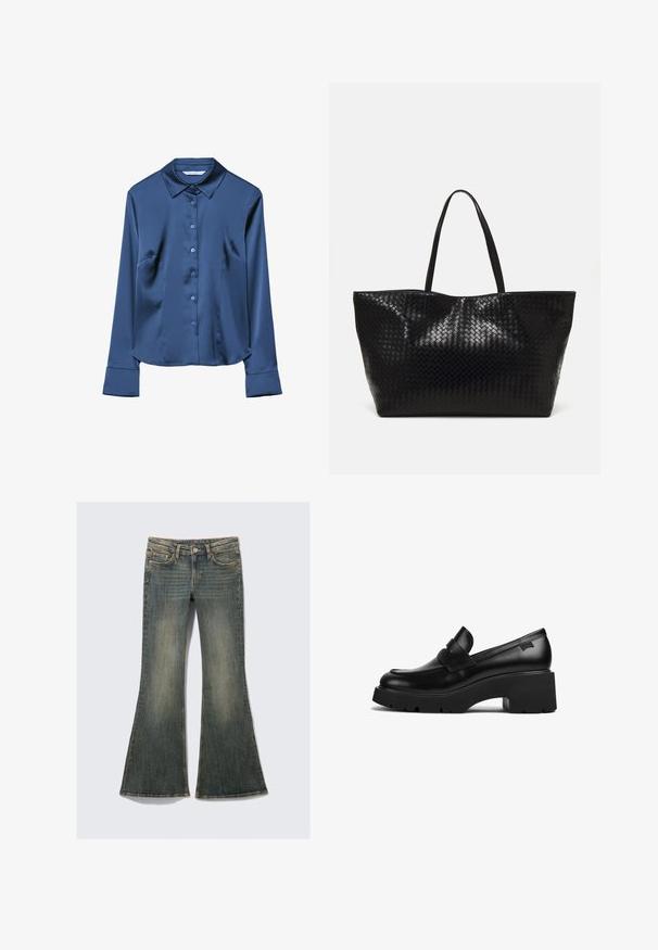 Tummanoranssi neuletakki, jossa on pyöreä pääntie, nappikiinnitys ja pitkät hihat. Valmistettu pehmeästä neulemateriaalista, joka omaa sileän pinnan.; Tummansininen satiininen pitkähihainen paita, jossa on kaulus, etunapit ja sivutaskut. Suunnikas tekstuuri ja istuva malli.; Löysät farkut haalistuneessa sinisessä värissä, joissa on klassinen viiden taskun muotoilu, hieman tekstuuria ja näkyviä ompeleita.; Musta nahkakengät, joissa on paksut korot ja paksu pohja, sekä nauhaysitys päällä, esitetty sivuprofiilista valkoista taustaa vasten.; Musta kudottu kassi, jossa on kaksi vankkaa kahvaa, näyttävästi kiiltävä rakenne ja tilava avoin yläosa.