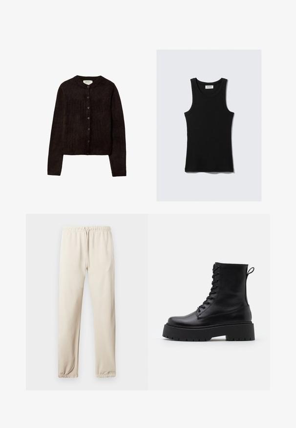 Tummanoranssi neuletakki, jossa on pyöreä pääntie, nappikiinnitys ja pitkät hihat. Valmistettu pehmeästä neulemateriaalista, joka omaa sileän pinnan.; Musta puuvillainen toppi pyöreällä kaula-aukolla, leveillä olkaimilla ja kireällä siluetilla. Sisältää brändilabelin valkoisena.; Harmaat beiget jogging-housut, joissa on joustava vyötärö, säädettävä nyöri ja hihansuut. Sivussa pieni logo. Pehmeä kangas.; Musta nahkainen nilkkureita, joissa on pyöreä kärki, nauhakiinnitys edessä ja paksu kumipohja, jossa on teksturoitu pinta. Takana vetotappi.