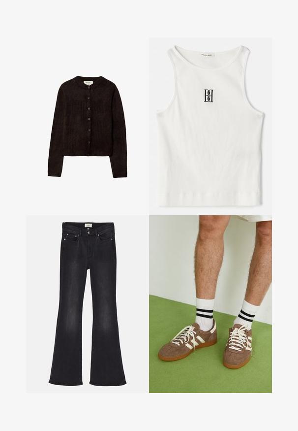 Tmavě hnědý svetr s kulatým výstřihem, zapínáním na knoflíky a dlouhými rukávy. Vyrobený z měkkého pleteného materiálu, s hladkým povrchem.; Bílý žebrovaný top bez rukávů se černým vyšitým logem uprostřed hrudi. Výstřih a otvory na ruce jsou zakončeny jemným lemováním.; Černé zvonové džíny vyrobené z denimu, s vysokým pasem, klasickým pětikapsovým designem a jemným vyblednutím na nohavicích pro texturu.; Hnědé semišové tenisky s bílými akcenty a tkaničkami. Gumová podrážka. Nošeny s bílými ponožkami s černými pruhy. Zelená strukturovaná podlaha.