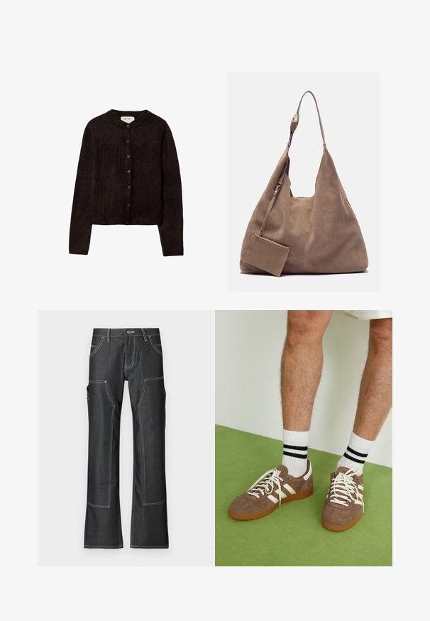 Tmavohnedý kardigán s okrúhlym výstrihom, zapínaním na gombíky a dlhými rukávmi. Vyrobený z mäkkej pleteniny, s hladkou textúrou.; Biely rebrovaný tielko s čiernym výšivkovým logom umiestneným na hrudi. Výstrih a otvory na rukávy sú dokončené jemným lemovaním.; Tmavé deninové cargo nohavice s bielym kontrastným prešívaním, obsahujúce niekoľko vreciek a rozšírený strih nohavíc. Odolná látka a kovové zapínanie na gombík.; Hnedé zamatové tenisky s bielymi akcentmi a šnúrkami. Gumová podrážka. Nosené s bielymi ponožkami so čiernymi pruhmi. Zelená textúrovaná podlaha.; Zign LEATHER - Veľká kabelka - light brown