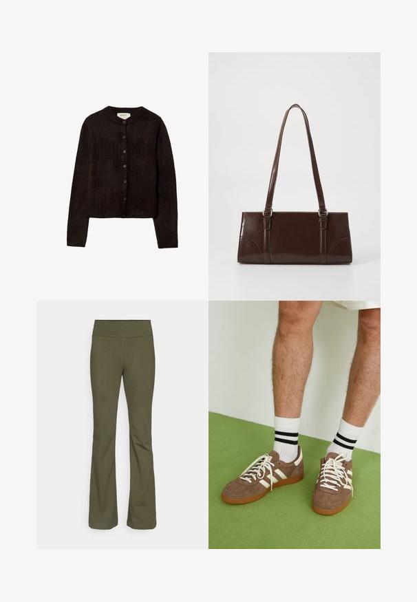 Tmavohnedý kardigán s okrúhlym výstrihom, zapínaním na gombíky a dlhými rukávmi. Vyrobený z mäkkej pleteniny, s hladkou textúrou.; Tmavo hnedé tričko s krátkym rukávom vyrobené z hladkého, elastického materiálu, s klasickým okrúhlym výstrihom a čistými detailmi šitia.; Champion ICONS HIGH WAIST FLARE LEGGINGS - Legíny - dark green; Hnedé zamatové tenisky s bielymi akcentmi a šnúrkami. Gumová podrážka. Nosené s bielymi ponožkami so čiernymi pruhmi. Zelená textúrovaná podlaha.; Hnedá lakovaná kožená kabelka s obdĺžnikovým tvarom, dvoma dlhými rúčkami a jemne zakrivenými akcentami na prednej strane.