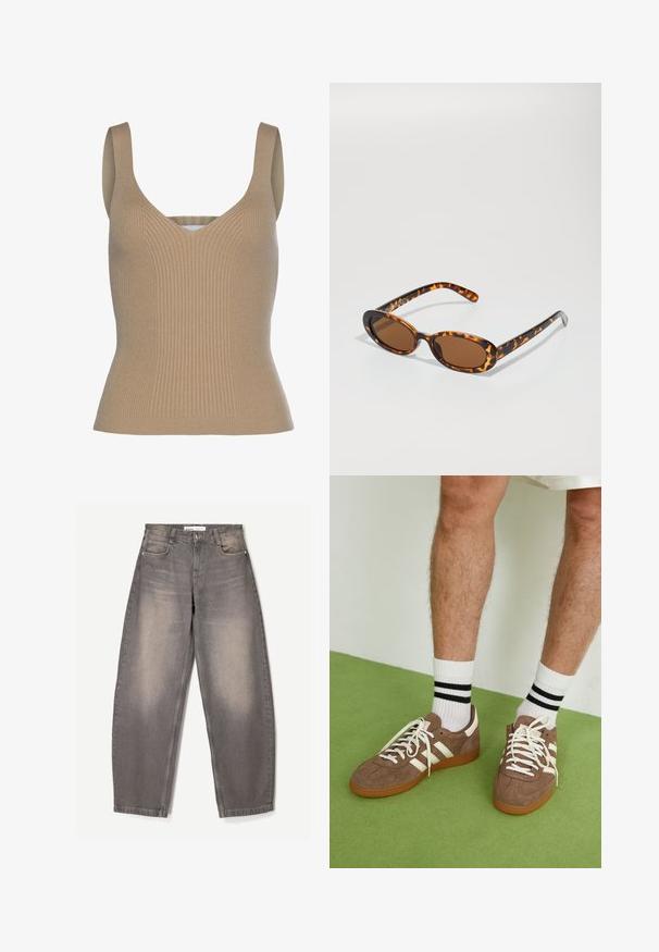 Mørkebrun cardigan med rund hals, knaplukning og lange ærmer. Fremstillet af blødt strik materiale med en glat tekstur.; LASCANA Top - camelfarben; Bredde ben grå jeans lavet af denim, med subtil falmning, fem-lomme design, bæltestropper og en knaplukning i taljen.; Brune ruskind sneakers med hvide detaljer og snørebånd. Gummisål i naturgummi. Båret med hvide sokker med sorte striber. Grøn struktureret gulv.; Skildpadde-solbriller med ovale stel, brune linser og slanke sorte arme med diskrete mønster-indsatser.; Brun læder skuldertaske med en tekstureret overflade, buet form, guldfarvet hardware, justerbar rem og klaplukning.