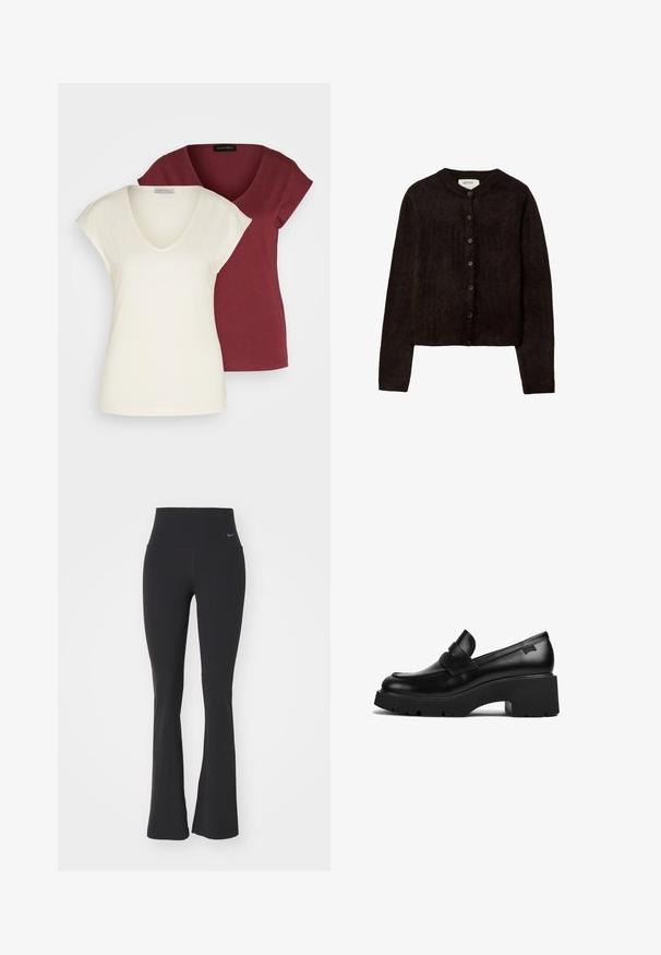 Tamno smeđi kardigan s okruglim izrezom, zatvaranjem na dugmad i dugim rukavima. Izrađen od mekog pletenog materijala, s glatkom teksturom.; Dve majice s V izrezom: jedna u krem boji s kratkim rukavima, a druga u burgundi boji. Obje su izrađene od mekog pamučnog materijala i imaju opušteni kroj.; Crne tajice za jogu s visokim strukom, izrađene od rastezljive tkanine. Imaju široki kroj i mali Nike logo na struku.; Crna kožna loaferica s debelim potplatom i chunky petom, s trakom preko gornjeg dijela, prikazana sa strane na bijeloj pozadini.