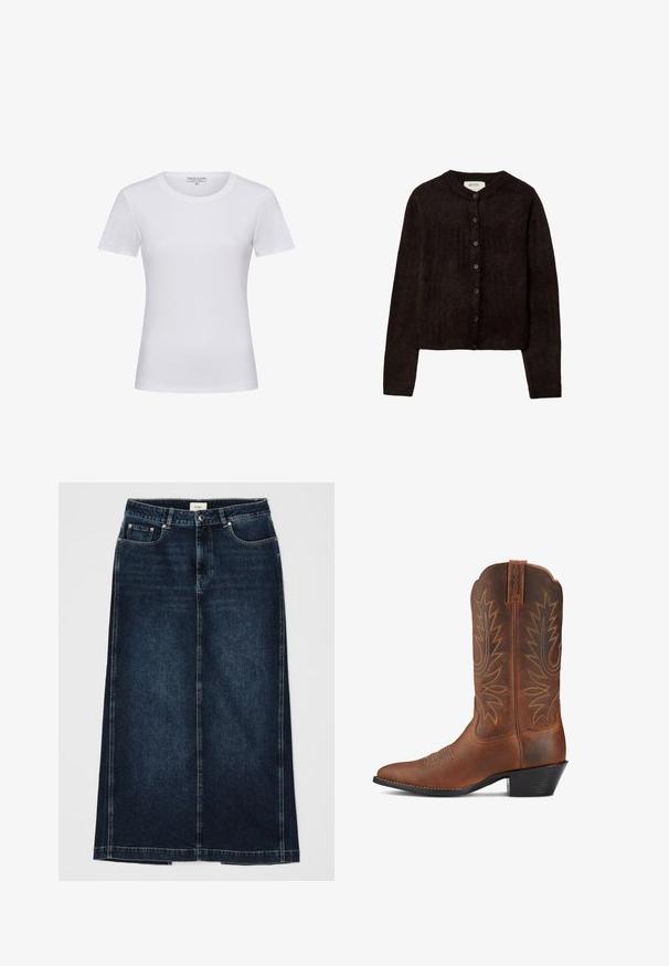 Dark brown cardigan with a round neckline, button closure, and long sleeves. Made of soft knit material, featuring a smooth texture.; White short-sleeve t-shirt made of soft cotton fabric, featuring a classic crew neck and a smooth, plain surface with no patterns.; Dark denim skirt with a straight shape, knee-length. Features front pockets, a zipper closure, and subtle stitching details along seams.; Brown leather cowboy boot with pointed toe, decorative stitching, and subtle leaf patterns. Features a low heel and reinforced pull tabs.