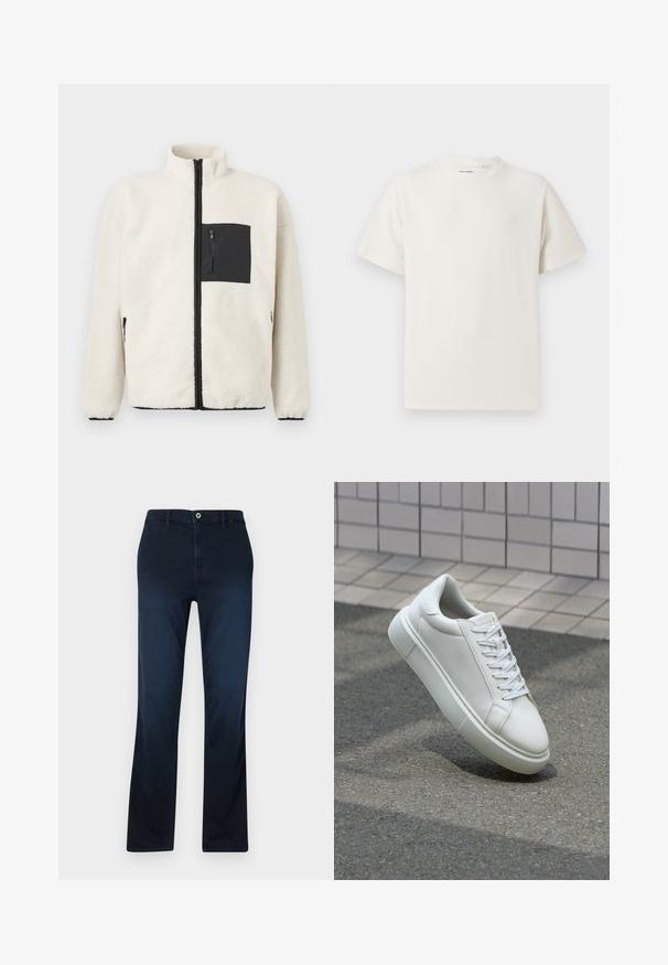 Kremkrāsas vilnas jaka ar melnu rāvējslēdzēju krūšu kabatā, augstu apkakli un melna rāvējslēdzēju apdare gar priekšpusi un kabatām.; Balta krūštura īsām piedurknēm ar ribota auduma faktūru. Apaļš kakla izgriezums, brīvs griezums, bez redzamām rakstām vai akcentiem. Vienkāršs un daudzpusīgs dizains.; Navy zilas taisnas bikses, izgatavotas no denima, ar rāvējslēdzēja aizdari, jostas cilpām un vienu priekšējo kabatu ar kontrastējošiem šuvju akcentiem.; Baltas ādas sporta apavi ar gludu virsmu, apaļu pirkstu un plakanām baltām šņorēm. Iezīmējas ar strukturētu gumijas zoli un minimālisma dizaina elementiem.